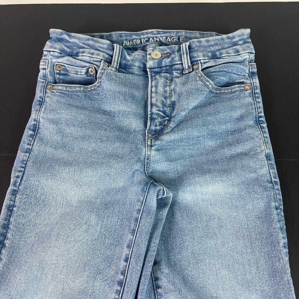 American Eagle Jean Women 26x30* Super High Rise Flare Blue Stretch Denim Tag 2R - Picture 2 of 16